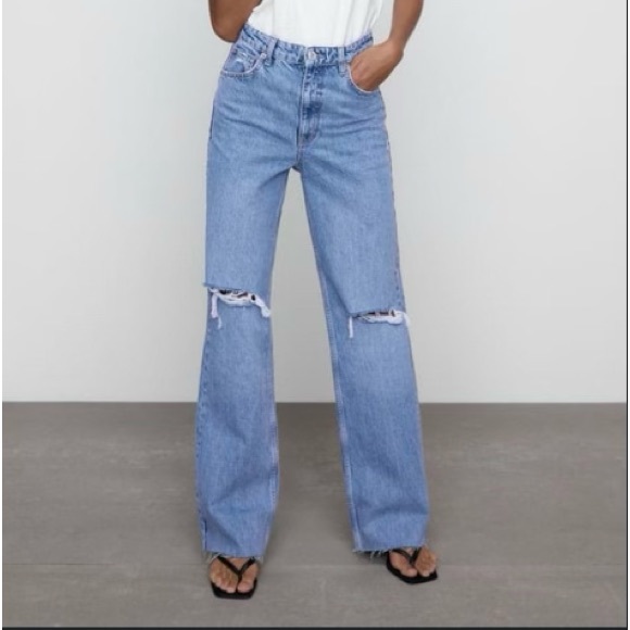 Zara Jeans Zara Wide Leg Full Length Ripped Jeanssize 3 Us 0 Poshmark
